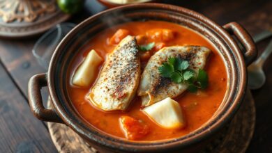 Moqueca de garoupa vibrante e encorpada, com filés inteiros sobre um caldo cremoso alaranjado, decorada com coentro fresco.