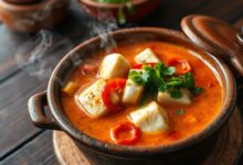 Moqueca de linguado servida na panela de barro com caldo dourado, pedaços de peixe macio, rodelas de tomate e pimentão, finalizada com coentro fresco picado