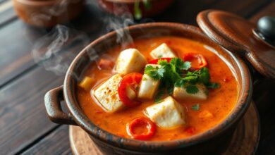 Moqueca de linguado servida na panela de barro com caldo dourado, pedaços de peixe macio, rodelas de tomate e pimentão, finalizada com coentro fresco picado
