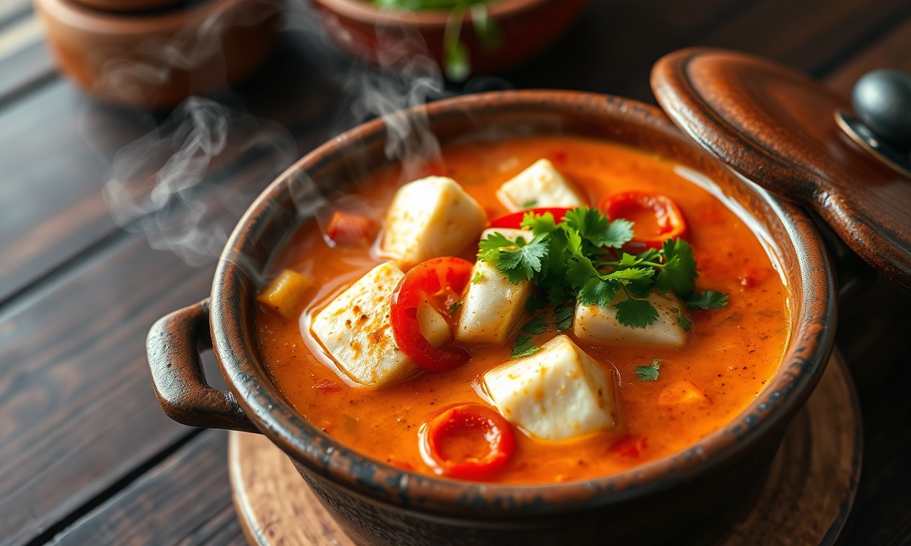 Moqueca de linguado servida na panela de barro com caldo dourado, pedaços de peixe macio, rodelas de tomate e pimentão, finalizada com coentro fresco picado