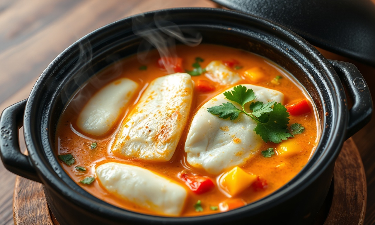 Moqueca De Panga Cremosa Em 40 Min (Fogo Baixo) 3 Filés de panga macios e inteiros, banhados em um caldo cremoso e vibrante de leite de coco e azeite de dendê, com pimentões coloridos e coentro fresco.