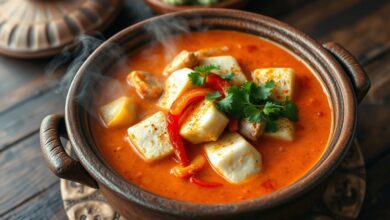 Panela de barro grande e fumegante com filés de peixe firmes, mergulhados em um molho cremoso e vibrante de tomate, pimentão e azeite de dendê, cobertos com coentro fresco.