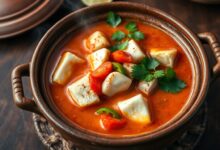 A moqueca finalizada, com pedaços de piramutaba firmes e brilhantes em um caldo cremoso e vibrante de azeite de dendê e leite de coco, guarnecida com fatias de tomate, pimentão e coentro fresco.