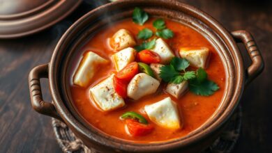 A moqueca finalizada, com pedaços de piramutaba firmes e brilhantes em um caldo cremoso e vibrante de azeite de dendê e leite de coco, guarnecida com fatias de tomate, pimentão e coentro fresco.