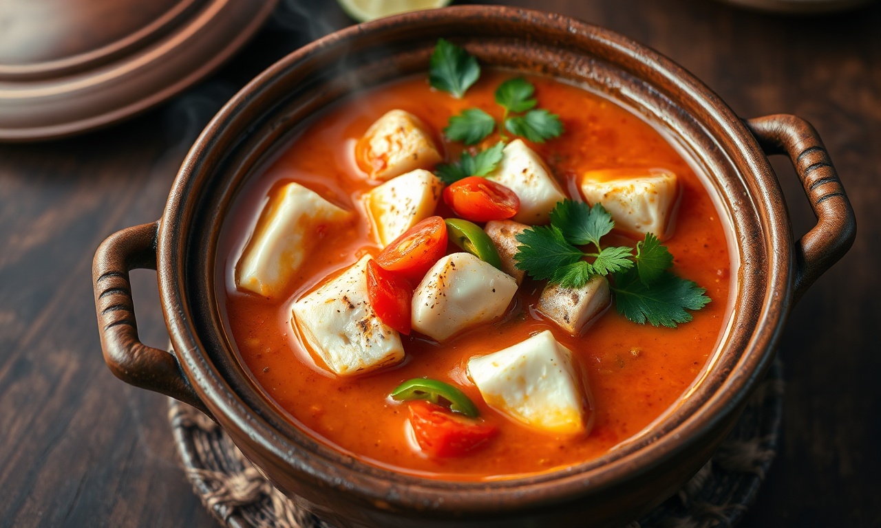 Moqueca De Piramutaba Rápida E Firme Na Pressão (40 Min) 3 A moqueca finalizada, com pedaços de piramutaba firmes e brilhantes em um caldo cremoso e vibrante de azeite de dendê e leite de coco, guarnecida com fatias de tomate, pimentão e coentro fresco.
