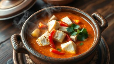 Panela de barro com moqueca cremosa de peixe branco, pimentões vermelho e amarelo, tomate e coentro fresco, com molho espesso e vibrante.