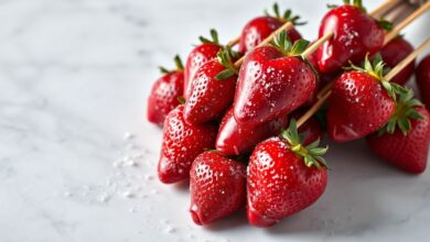 Morangos frescos cobertos por uma casca crocante e brilhante de caramelo vermelho, espetados em palitos e prontos para servir.