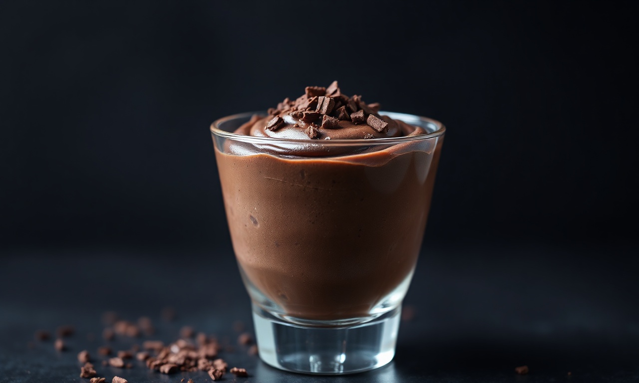 Taça de vidro transparente com mousse de chocolate escura e aveludada, finalizada com raspas de chocolate.