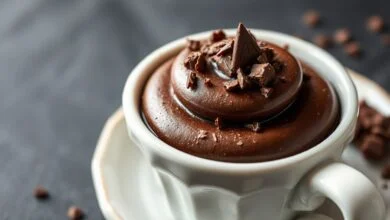 Mousse de chocolate escuro, aerado e brilhante, servido em travessa branca com raspas de chocolate e textura aveludada visível