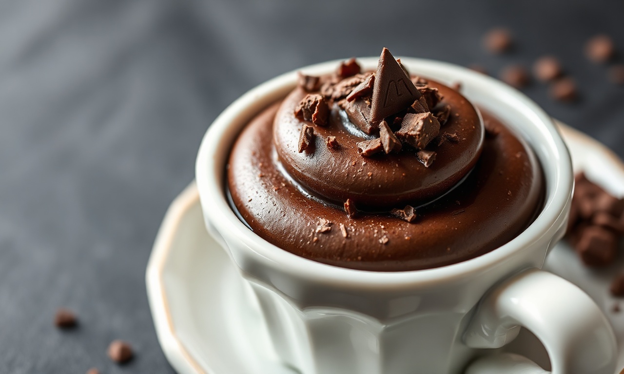 Mousse de chocolate escuro, aerado e brilhante, servido em travessa branca com raspas de chocolate e textura aveludada visível