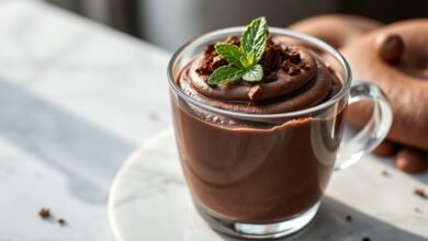 Taça de cristal transparente com mousse de chocolate escura e aveludada, raspas de chocolate no topo e uma folha de hortelã para contraste.