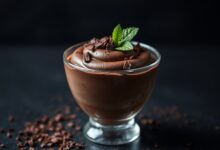 Taça elegante de mousse de chocolate escuro, com textura sedosa, raspas de chocolate e leve brilho, pronta para servir.