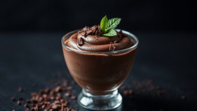 Taça elegante de mousse de chocolate escuro, com textura sedosa, raspas de chocolate e leve brilho, pronta para servir.
