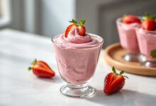 Mousse de cor rosa vibrante servida em taça de vidro, com textura aerada e leve, finalizado com um morango fresco fatiado na superfície.