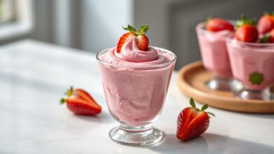 Mousse de cor rosa vibrante servida em taça de vidro, com textura aerada e leve, finalizado com um morango fresco fatiado na superfície.