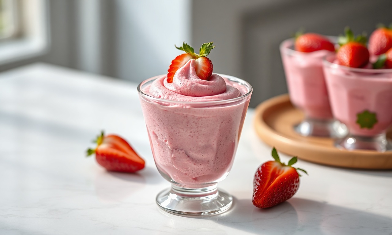 Mousse de cor rosa vibrante servida em taça de vidro, com textura aerada e leve, finalizado com um morango fresco fatiado na superfície.