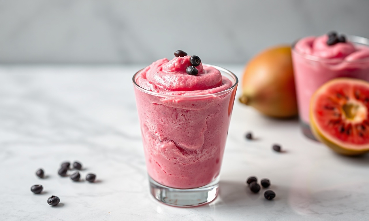 Mousse De Goiaba Cremosa Com Fruta Fresca: Receita Fácil 3 Mousse de goiaba de cor rosa vibrante, com textura aerada e cremosa, servida em um copo de vidro transparente, finalizada com sementes da fruta.