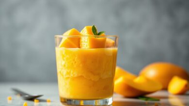Taça de mousse de manga vibrante e aerada, com cobertura de cubos de manga fresca.