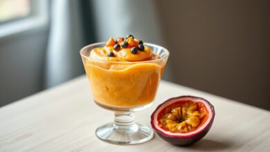 Taça de mousse de maracujá com textura aerada, coberta por polpa e sementes do fruto, pronta para servir.