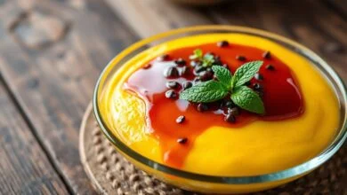 Mousse de maracujá em refratário oval, com textura aveludada, coberta por calda brilhante de polpa com sementes escuras visíveis, pronta para servir.