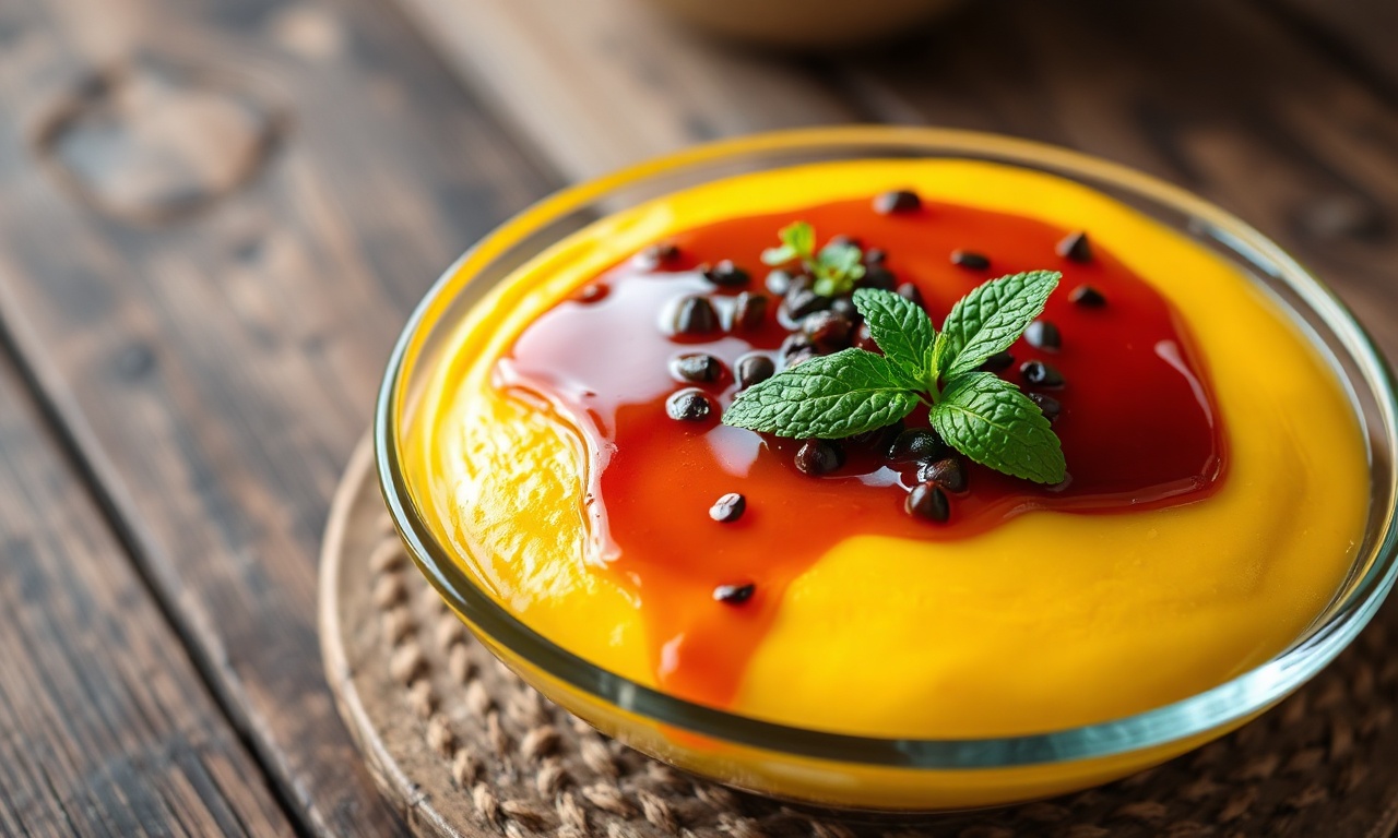 Mousse de maracujá em refratário oval, com textura aveludada, coberta por calda brilhante de polpa com sementes escuras visíveis, pronta para servir.