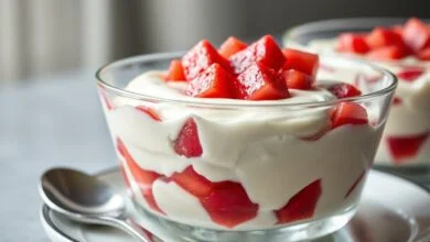 Sobremesa gelada e cremosa com camadas de mousse branca e pedaços de goiabada vermelha, servida em refratário de vidro.