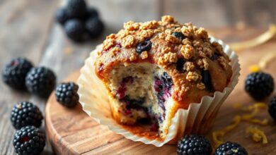 Muffin dourado com topping crocante e amoras suculentas à mostra