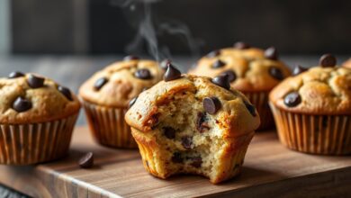 Seis muffins dourados por fora, com gotas de chocolate derretidas, dispostos em uma tábua rústica, prontos para servir.