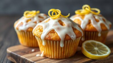 Muffins de limão dourados e fofinhos, cobertos com glacê branco brilhante e raspas de limão verde frescas, prontos para servir.