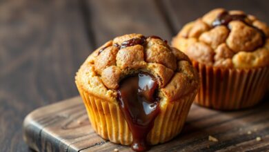 Muffins dourados com topo levemente rachado e recheio de Nutella derretida escorrendo do centro, servidos em forminhas de papel sobre superfície rústica