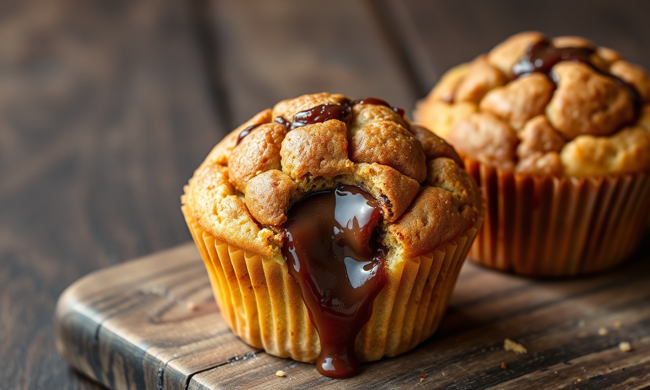 Muffin De Nutella: Receita Fofinha Com 5 Ingredientes E Sem Ovo 3 Muffins dourados com topo levemente rachado e recheio de Nutella derretida escorrendo do centro, servidos em forminhas de papel sobre superfície rústica