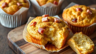 Muffins salgados dourados e fofinhos, com pedaços de presunto e queijo derretido, prontos para servir.