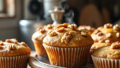 Muffins dourados com topo crocante de nozes dispostos em uma grade de resfriamento