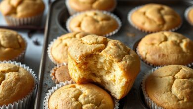 Muffins dourados com topo rachado e miolo exposto, prontos para servir.