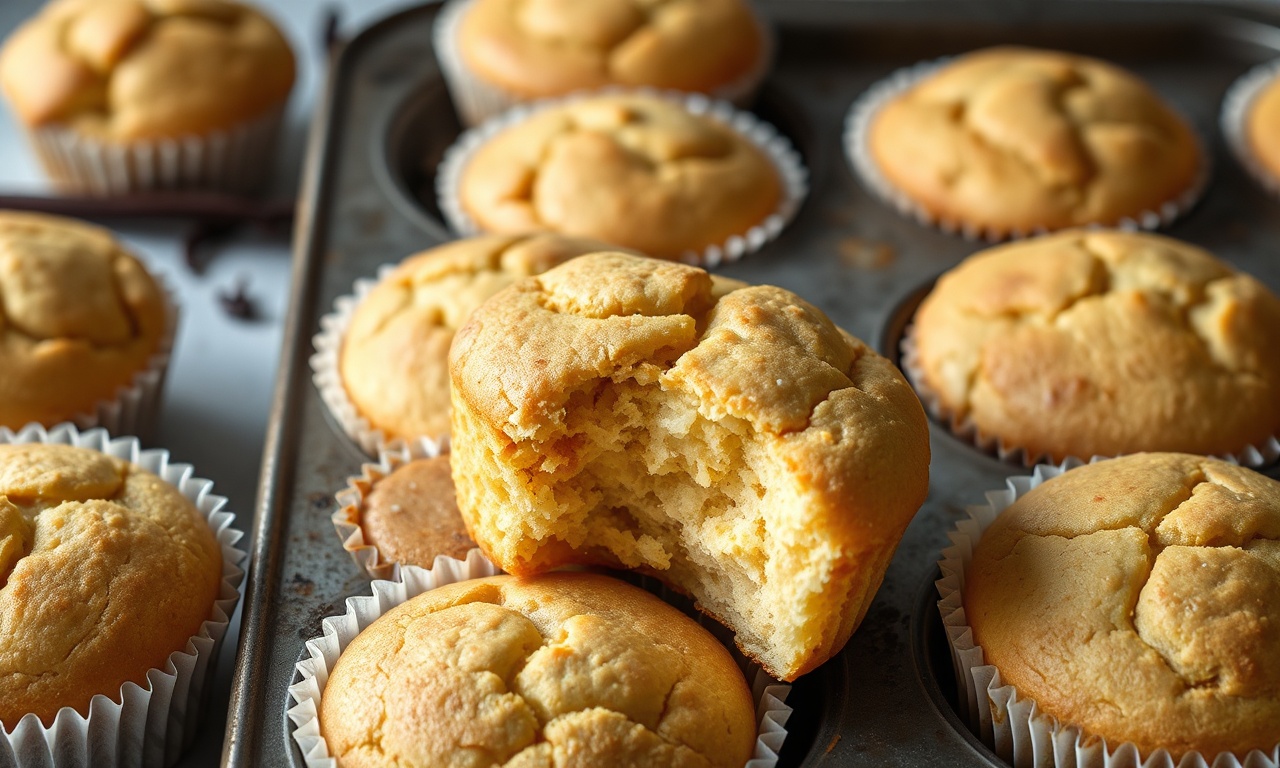 Muffin De Baunilha Fofinho Em 30 Min: Receita Fácil E Infalível 3 Muffins dourados com topo rachado e miolo exposto, prontos para servir.