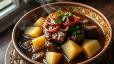 Prato de cerâmica com cubos de músculo cozidos e batatas em molho brilhante