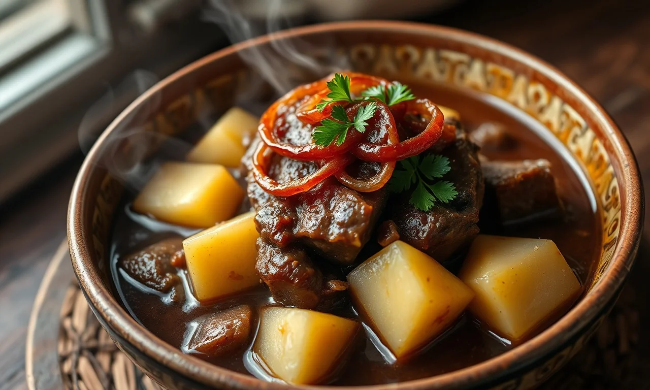 Prato de cerâmica com cubos de músculo cozidos e batatas em molho brilhante
