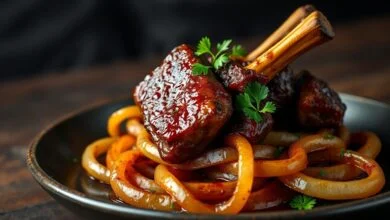 Cubos de carne dourados com aspecto suculento e cebolas caramelizadas