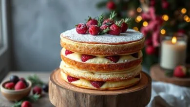 Um bolo de três camadas sem cobertura externa, expondo o recheio cremoso de doce de leite e frutas vermelhas entre as camadas, polvilhado com açúcar de confeiteiro e decorado com ramos de alecrim.