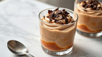 Taça de vidro transparente com camadas de namelaka de doce de leite, textura acetinada e cor caramelo dourado, finalizado com raspas de chocolate amargo e uma colher de sobremesa ao lado