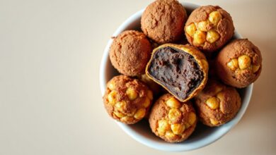 Bolinhas de chocolate douradas e crocantes, feitas com grão de bico, perfeitas para um lanche fit.
