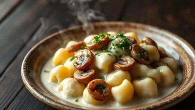Prato de nhoques macios cobertos por um molho cremoso de cogumelos dourados, finalizado com ervas frescas.