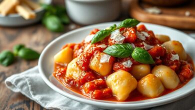 Porção de nhoques fofinhos com marcas de garfo, cobertos por molho de tomate fresco e manjericão, servidos em prato branco sobre toalha de linho.