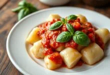 Prato principal de nhoque de batata, macio e fofinho, coberto com molho de tomate e manjericão.
