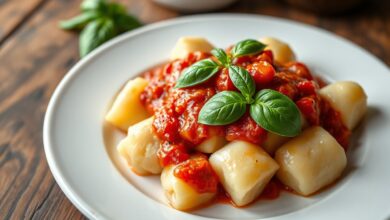 Prato principal de nhoque de batata, macio e fofinho, coberto com molho de tomate e manjericão.