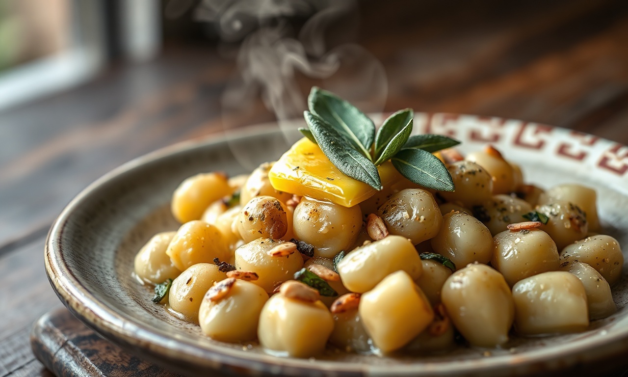 Porção generosa de nhoque de pinhão de cor acinzentada, macio, coberto por manteiga dourada e folhas de sálvia fresca, servido em prato de cerâmica rústica.