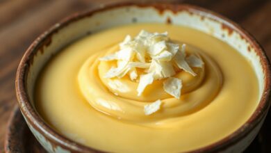 Tigela de sobremesa cremosa e amarelada, com textura lisa e brilhante, decorada com lascas de queijo.