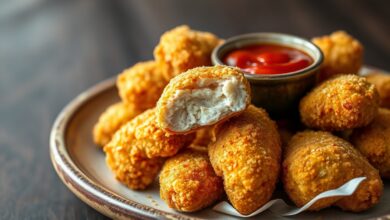 Nuggets de frango dourados e crocantes, com a empanada perfeitamente uniforme, dispostos sobre um prato de fundo rústico.
