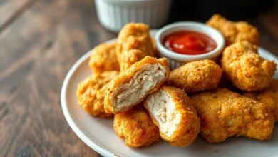 Nuggets dourados e crocantes servidos em uma tigela de cerâmica branca, com um sendo cortado ao meio para revelar o interior macio de frango.