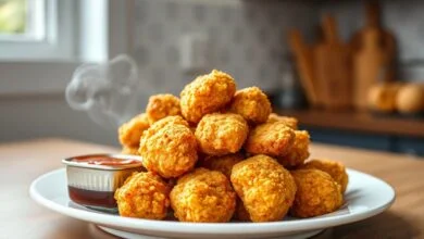 Nuggets dourados empilhados de forma apetitosa com molho ao lado